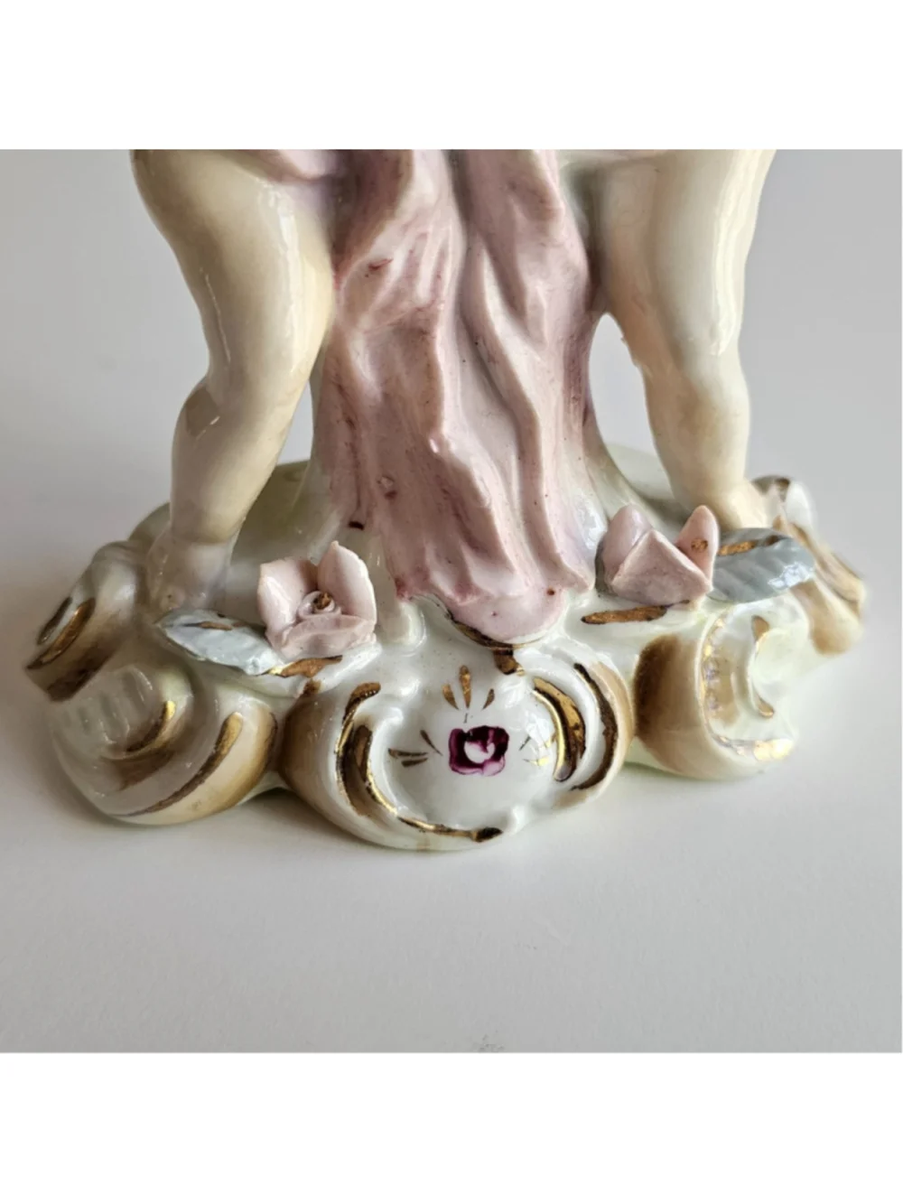 Porcelain Double Cherub Figural Vase Basketweave Grapes & Rose Gilt 6.25